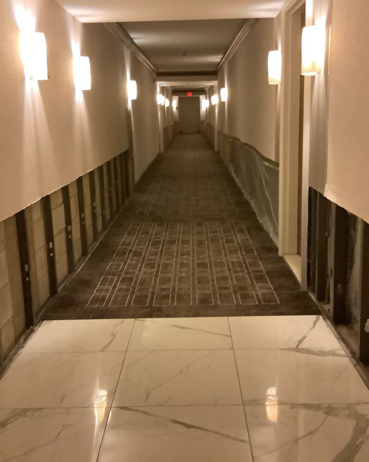 Long commercial hallway opened for extensive restoration