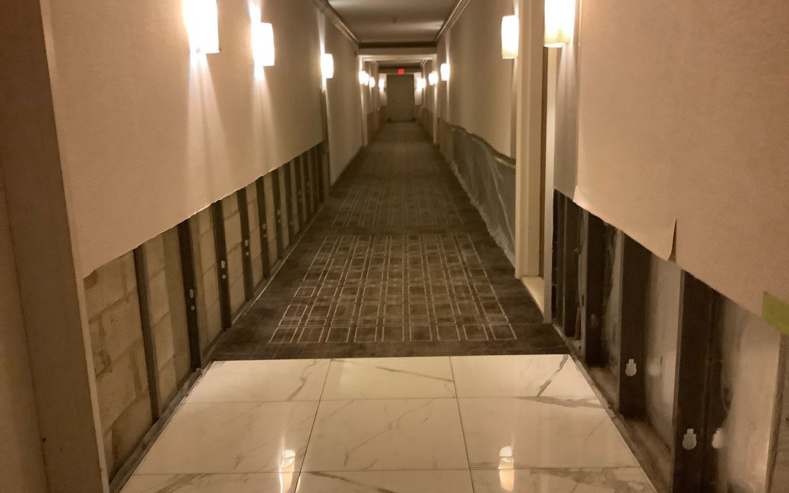 Commercial hallway opened for damage restoration
